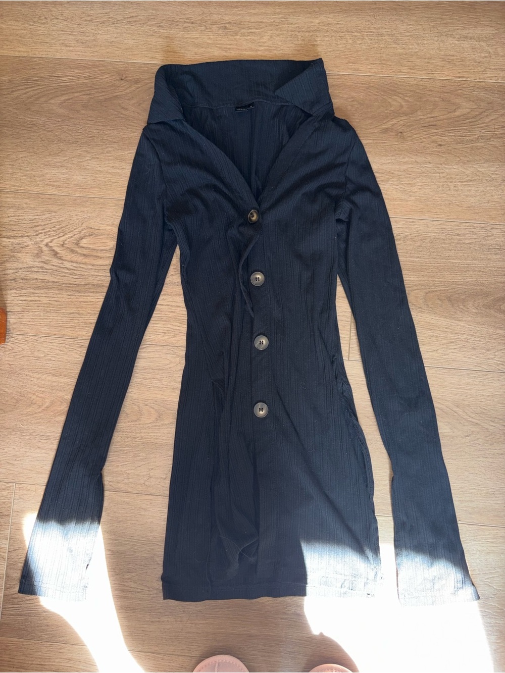 Ribbed Long-Sleeve Midi Dress Women's Black Button-Front